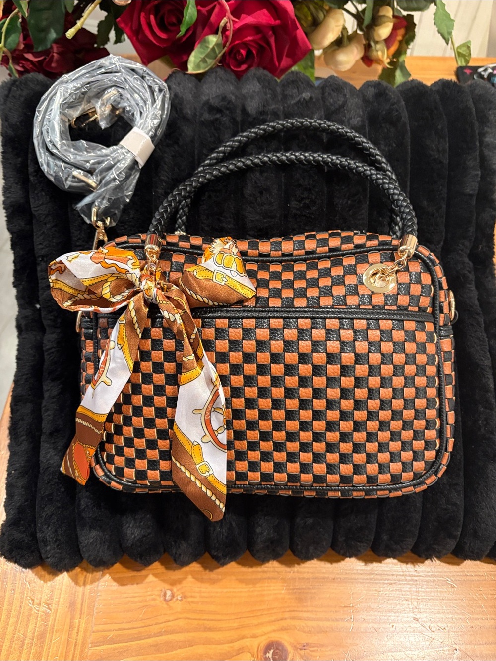 Woven Checkered Black and Orange Shoulder Bag with Scarf Accent
